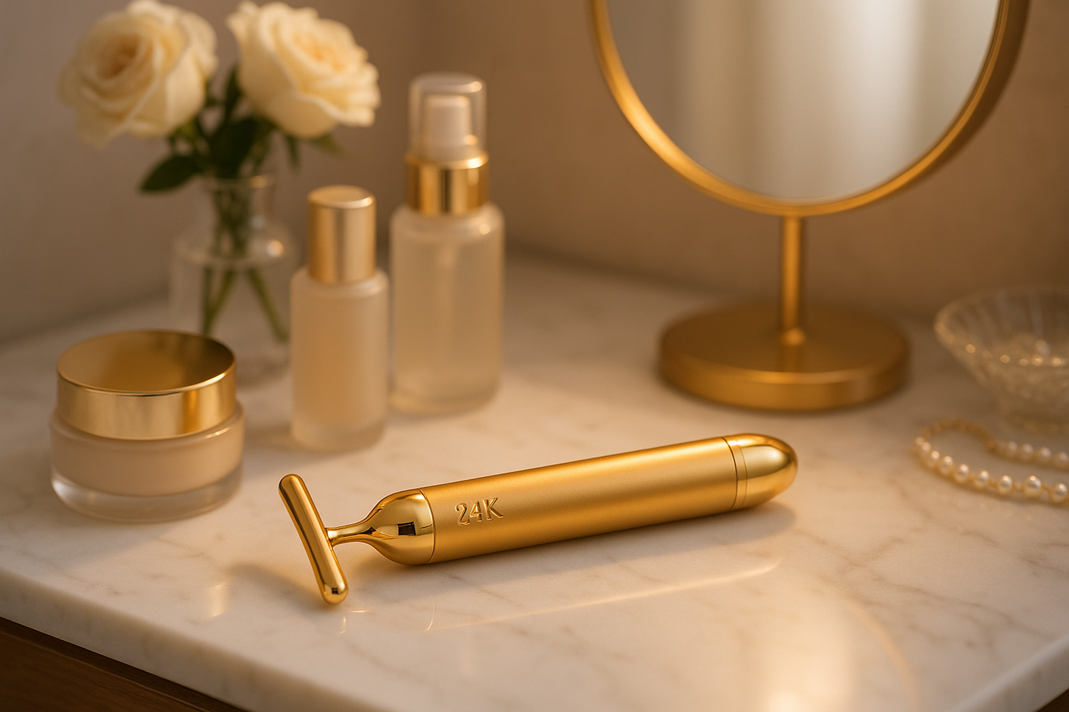 24k face massager kept aesthetically on vanity setup