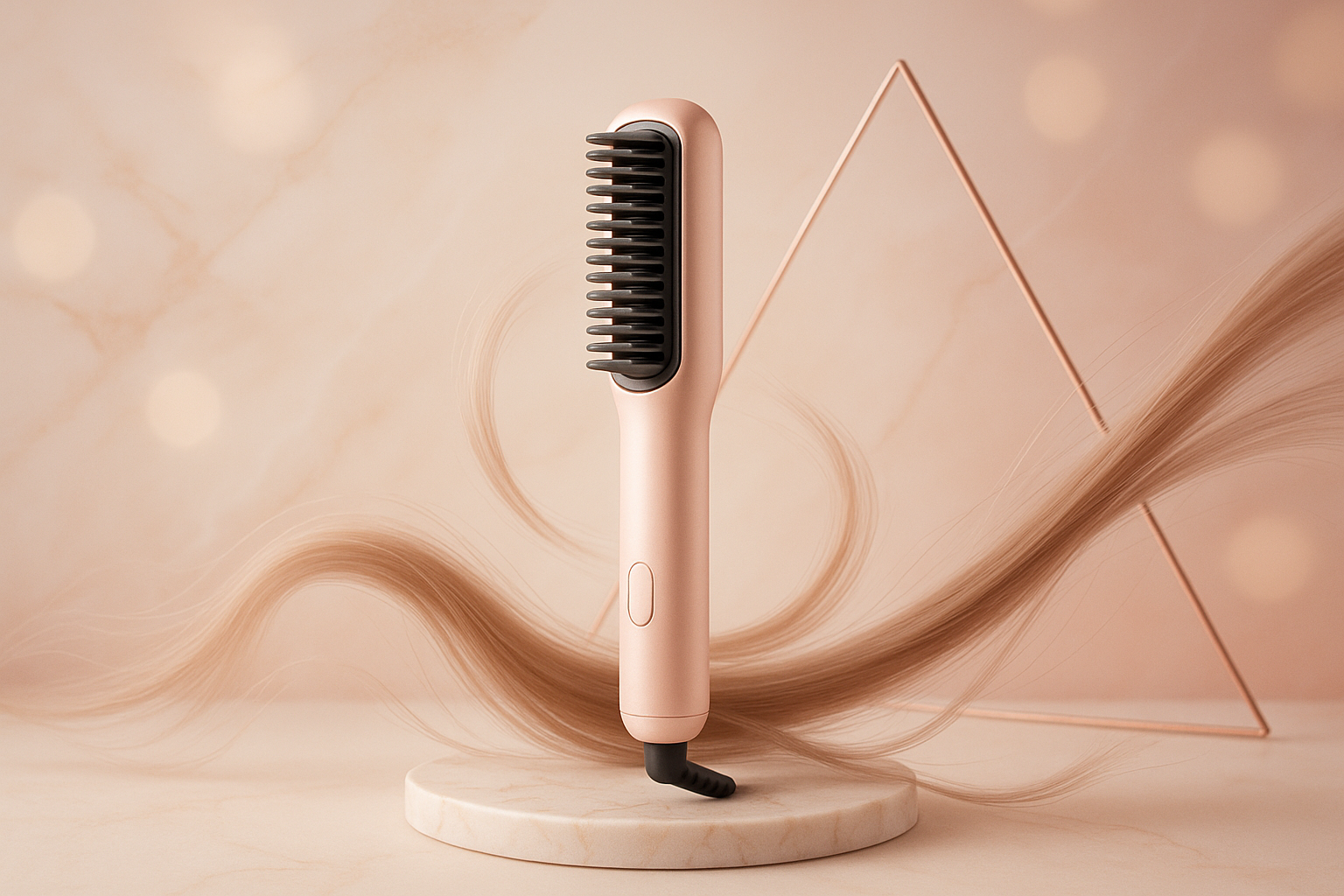 GENERATE AN AESTHETIC HERO IMAGE FOR MY PRODUCT-PORTABLE MINI COMB STRAIGHTNER. IT IS A COMB THAT STRAIGHTENS YOUR HAIR. NEED SOME AETHETIC BACKGROUND ACCENTS. 